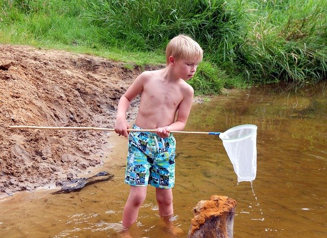 川べりで網を使って採集する少年　人の脳は元来、新しい刺激やチャレンジを好む